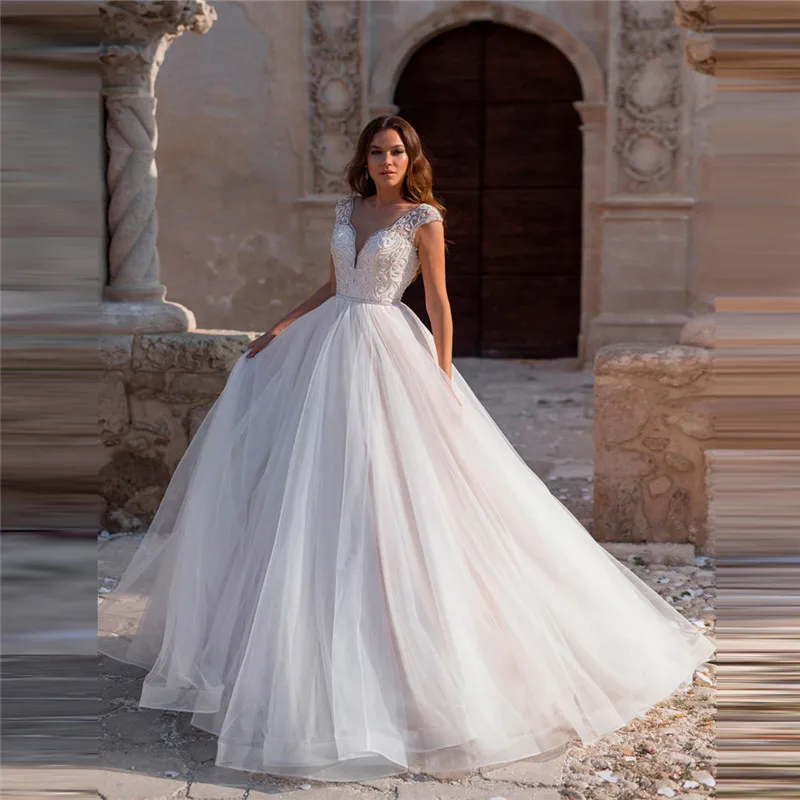 

Sheer Scoop A-Line Wedding Dresses Beading Tulle Skirt Buttons Back 2021 Princess Bridal Gowns Pleated Ladies Vestidos De Mariee
