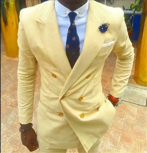Новый костюм Homme Slim FIt желтый двубортный Для мужчин костюмы Нарядные Костюмы для