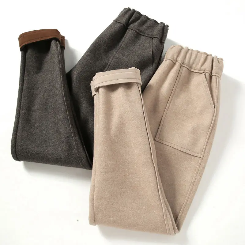 Зимние женские штаны с высокой талией бархатные утепленные шерстяные шаровары