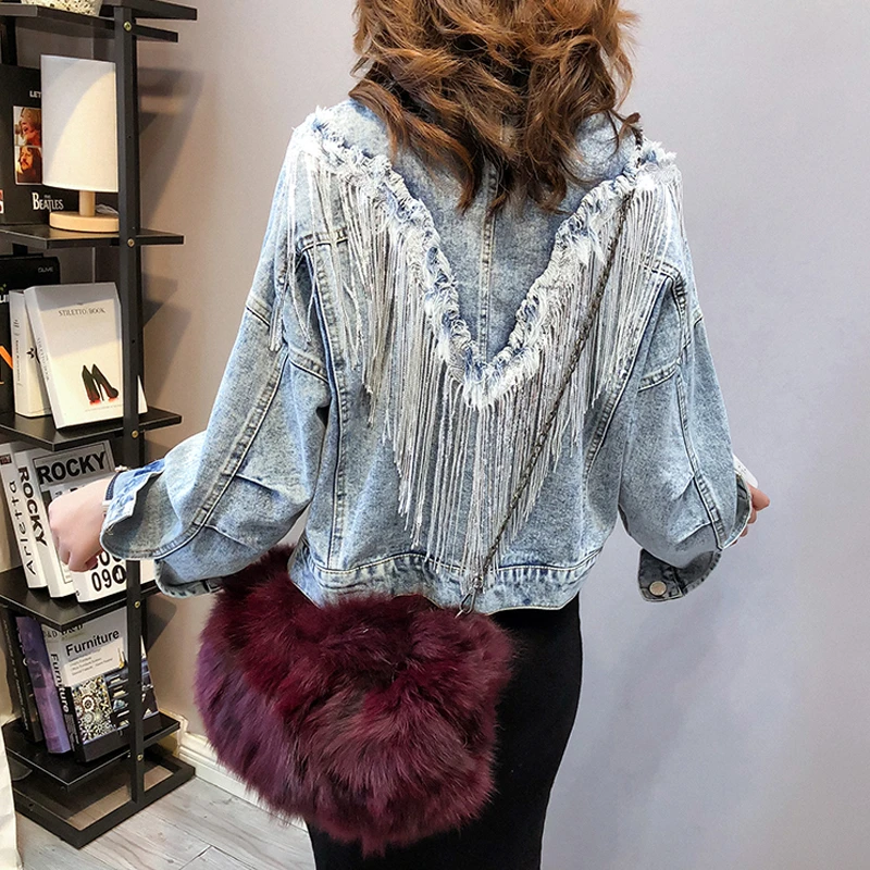Куртка женская джинсовая с кисточками и блестками модный Бомбер длинным рукавом