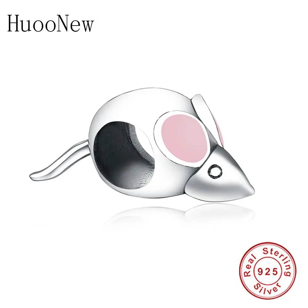 

Fit Original Charms Bracelet Pink Enamel Ear Cute Lovely Mouse Beads 925 Sterling Silver Jewelry Gift Animal Pulsera DIY