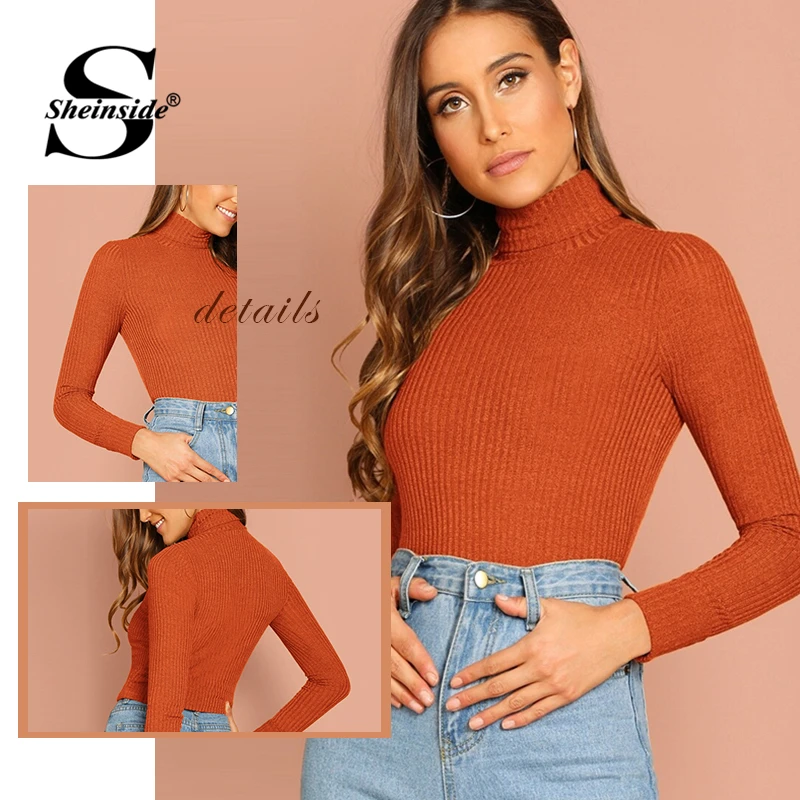 Sheinside, оранжевая, повседневная, с высоким воротом, ребристая вязка, футболка для женщин,, осень, одноцветная, Минималистичная, футболка, топы для девушек, базовый, тянущийся Топ