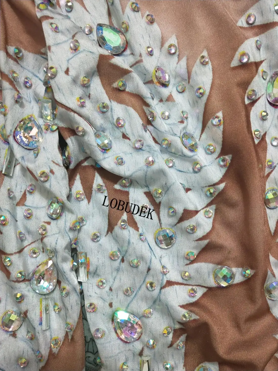 

Elastic White Nude Leaves Pattern Stones Jumpsuit Stylish Women Birthday Celebration Rhinestones Jumpsuits Party Singer Costume