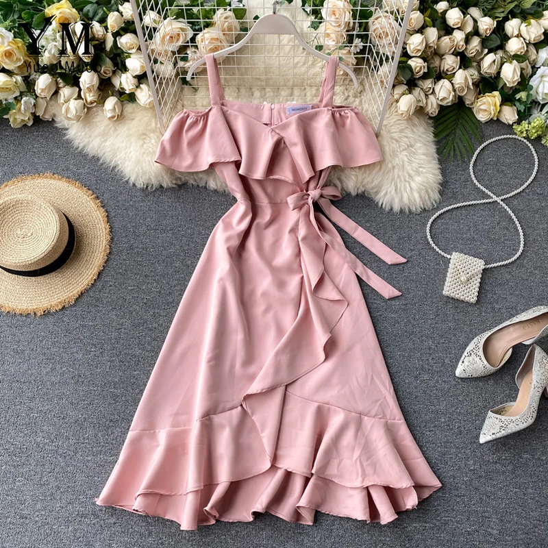 YuooMuoo 2020 летнее женское платье с оборками открытыми плечами миди высокой талией