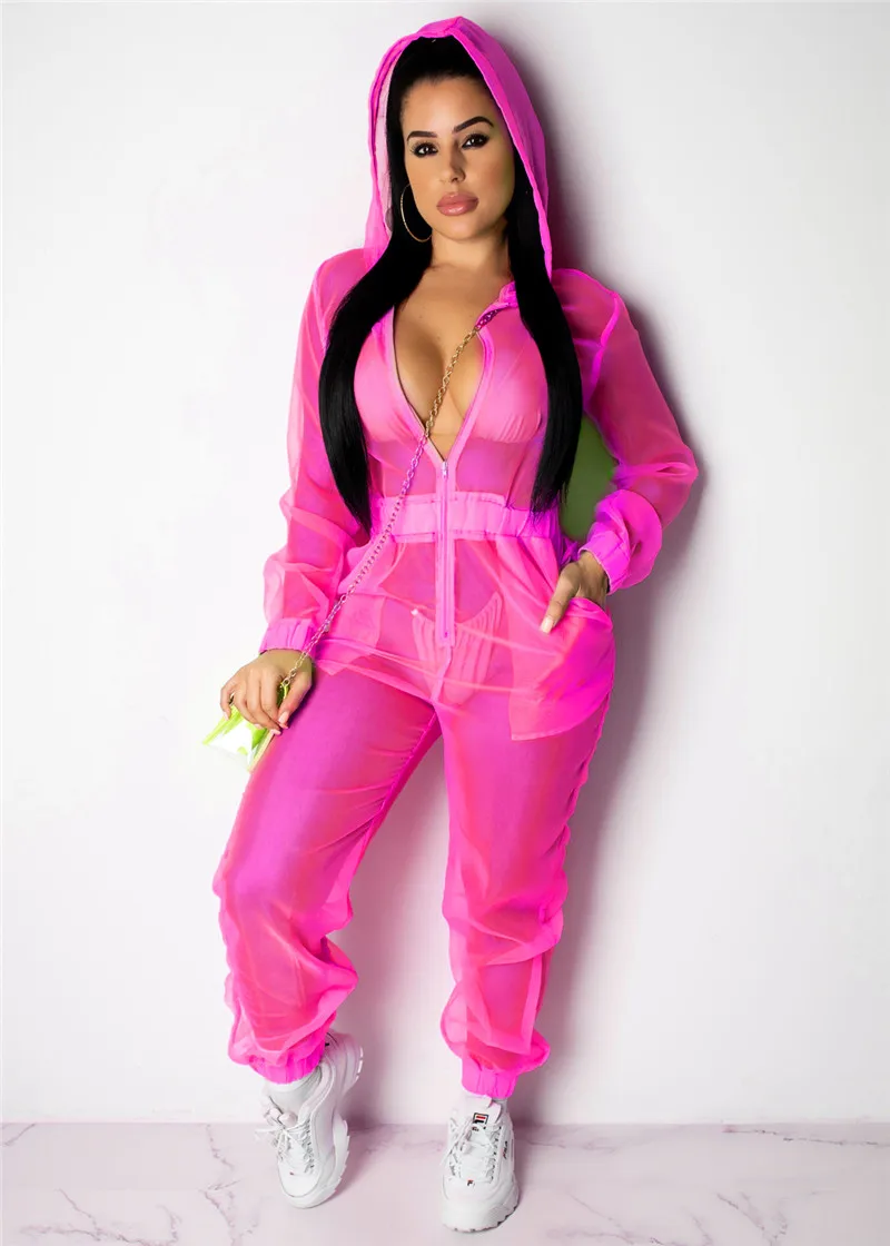 

CHRONSTYLEJumpsuits Women Sexy High Waist One-piece Mesh See Through Romper Long Sleeve Hooded Front Zipper Deep V-neck Romper