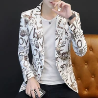 fashion mens letters pattern one single button blazers jacket lapel slim fit long sleeve smart casual male coat a18