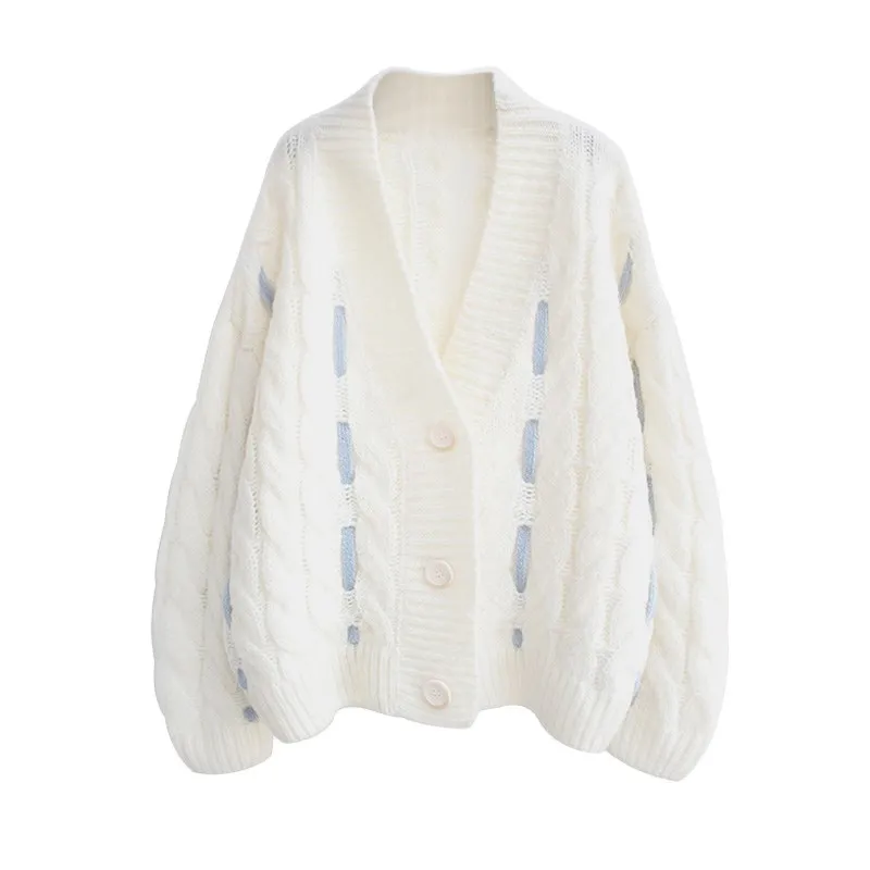 

2021 Women New Autumn Winter Knitted Sweater Cardigan Female Jacket Loose V Neck Coat