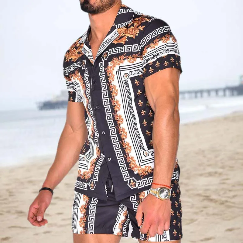 

Summer Fashion Men's Sets Hawaiian Suits Printed Short Sleeved Button Shirt Shorts Men Casual Beach Shirt Set Two-piece S-3XL