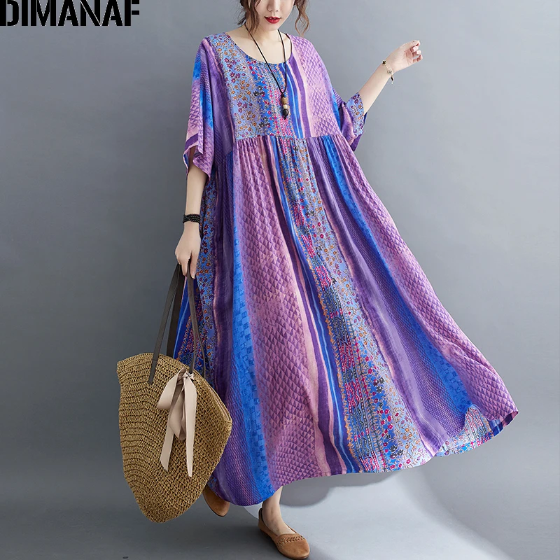 

DIMANAF 2021 Summer Dress Women Vestidos Sundress Beach Flowers Print Oversize Cotton Linen Loose Casual Purple New Long Dress