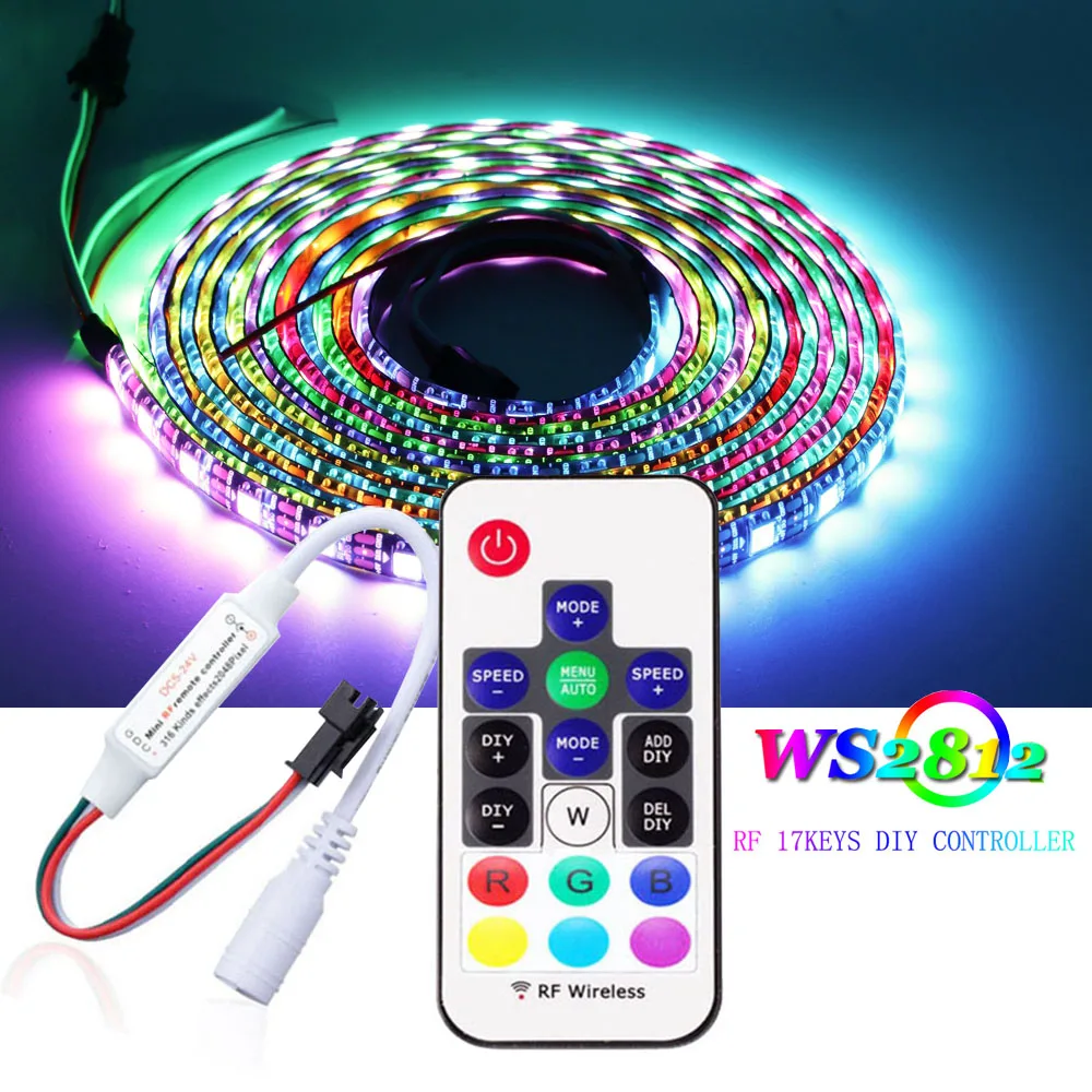 

WS2812B WS2812 30/60/74/96/144Leds Individually Addressable RGB Led Pixel Strip Light With DIY 17keys RF Remote Controller DC5V