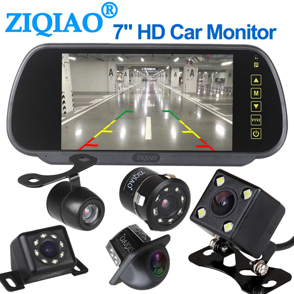 ZIQIAO 7 Inch LCD Car Mirror Monitor Rearview Camera Kit Auto Rear View Monitoring System