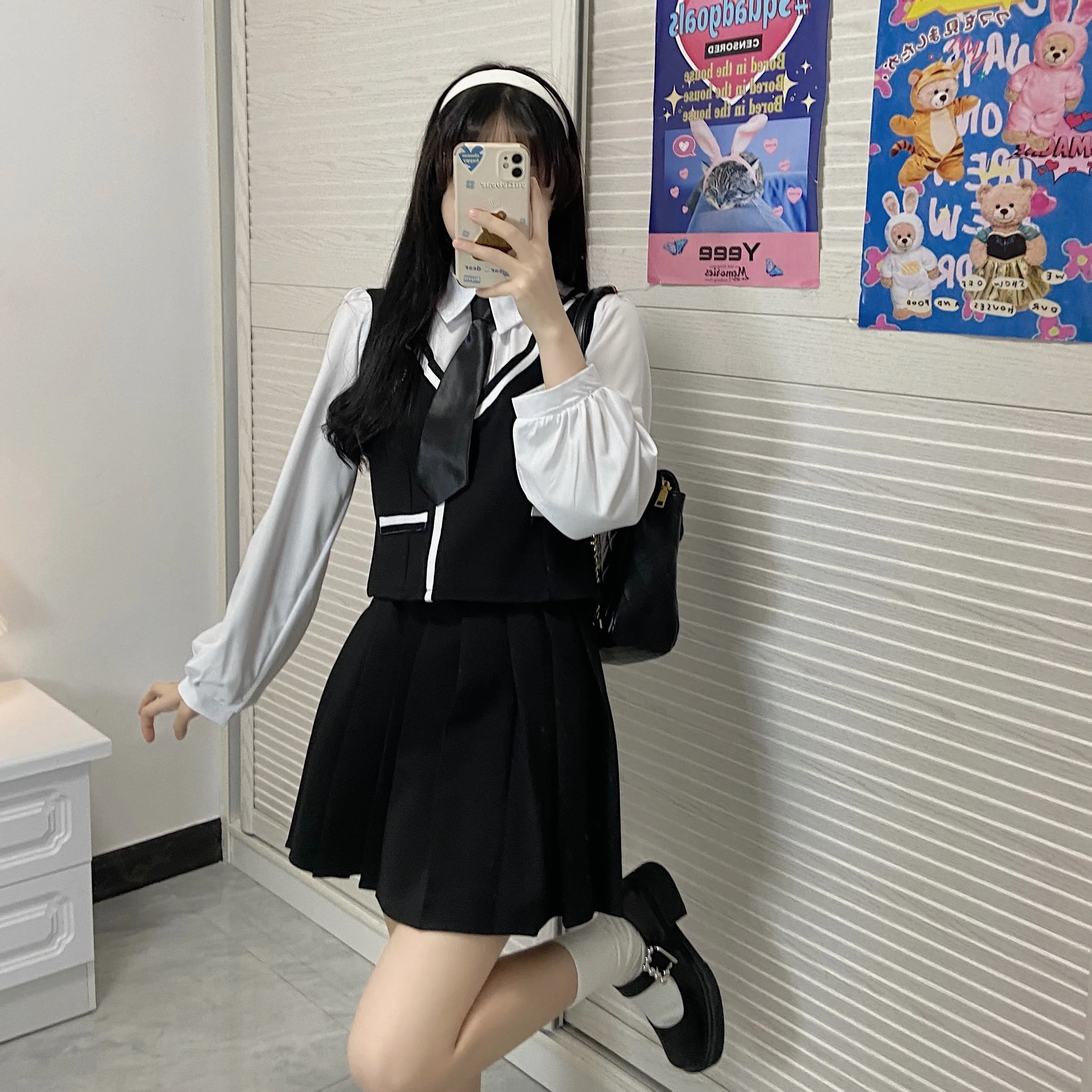 

OLOMLB Jk Japanese Preppy Style Slim Long-Sleeve Women's Matching Shirt+Tie+Summer Vintage All-Match Black Pleated Skirt Suit