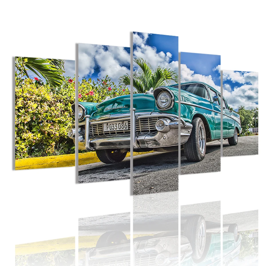 

Vintage Cuba Blue Car 5 Panels HD Canvas Painting Posters Wall Art Print Pictures Living Room Interior Home Decor Frame