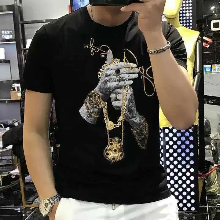 

Large size men's short sleeve T-shirt 2021 new summer cotton trend Korean version of half sleeve high-grade hot drill round neck