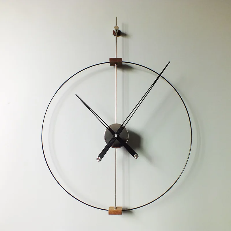 

Nordic modern personality minimalist Spanish wall clock big black walnut pointer single pole single circle hardware wall hanging