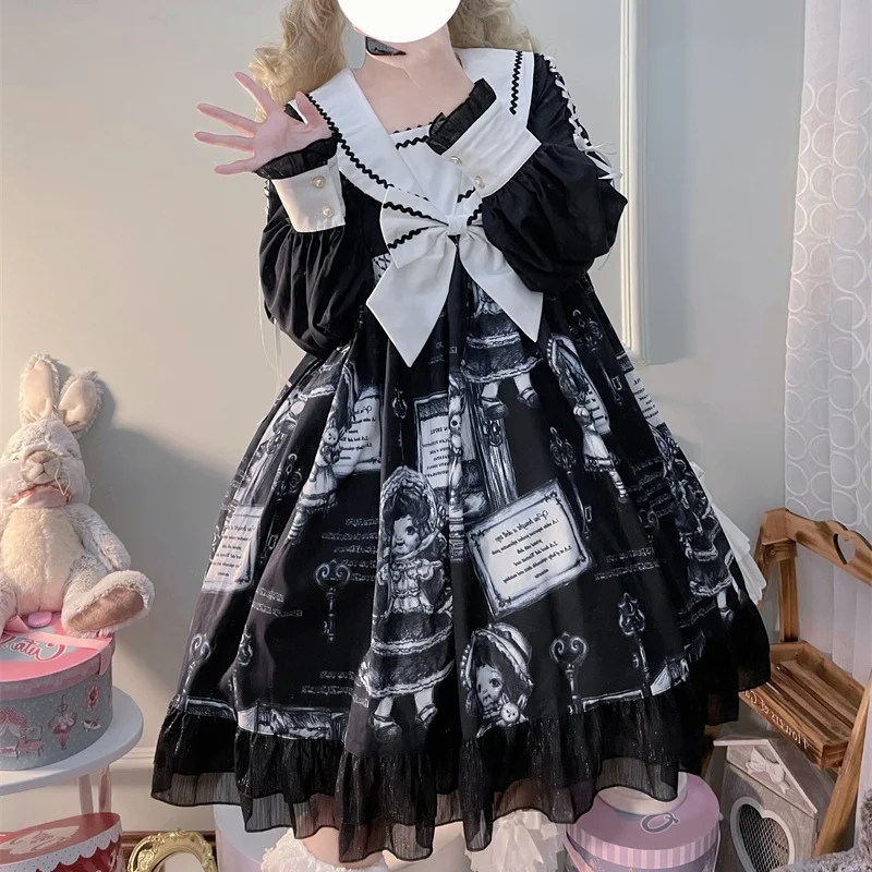 

Sweet Diablo Lolita Style Japanese Soft Girly Gothic Dress Cute Sailor Collar Printing Bow Full Sleeve Lace Ruffles Black Dress
