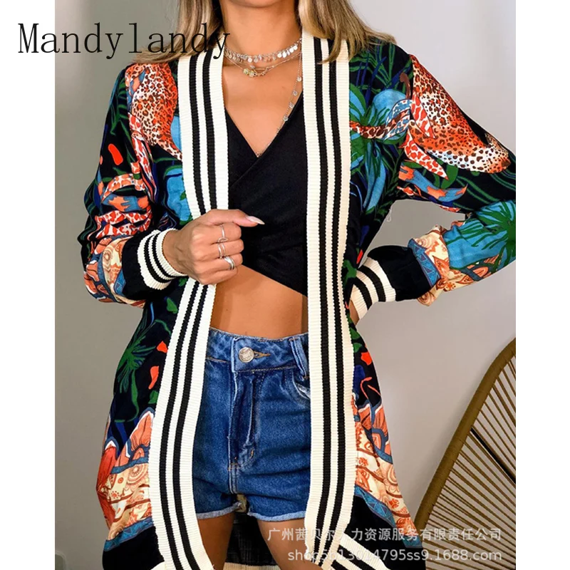 

Mandylandy Women's Elegant Autumn Floral Stripe Patchwork Cardigan Coat Top Lady Casual Fashion Long Sleeve Jacket Outwear