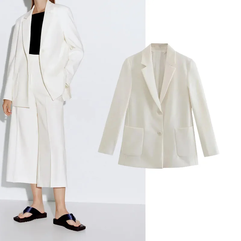 

Женский однобортный Блейзер Za, повседневный прямой пиджак с длинными рукавами и карманами, свободного кроя, винтажная верхняя одежда