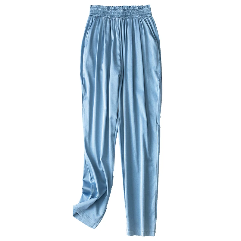 

SHUCHAN Blue Satin Ankle-Length Pants Pencil Summer Elastic Waist Silk Spandex MID Drawstring Sweatpants 2021