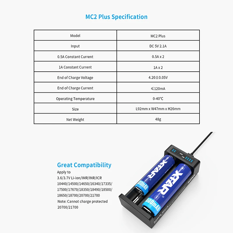 XTAR Зарядное устройство ЖК дисплей VC2 SC2 VC2S MC2 плюс USB Батарея для 20700 21700 18700 22650 25500