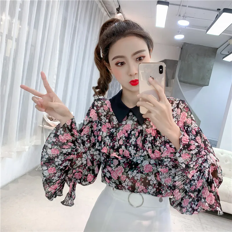 Spring Sweet Style Loose Print Blouse Women Shirts Chiffon Fashion Brand Korean Clothes Flare Sleeve Ruffles Floral Ladies Tops | Женская