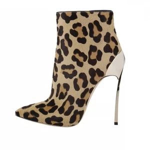 Catwalk Sexy 12 CM Iron High Heels Ankle Boots For Women Leopard occident Leather Female Stilettos Party Booties Ladies Shoes