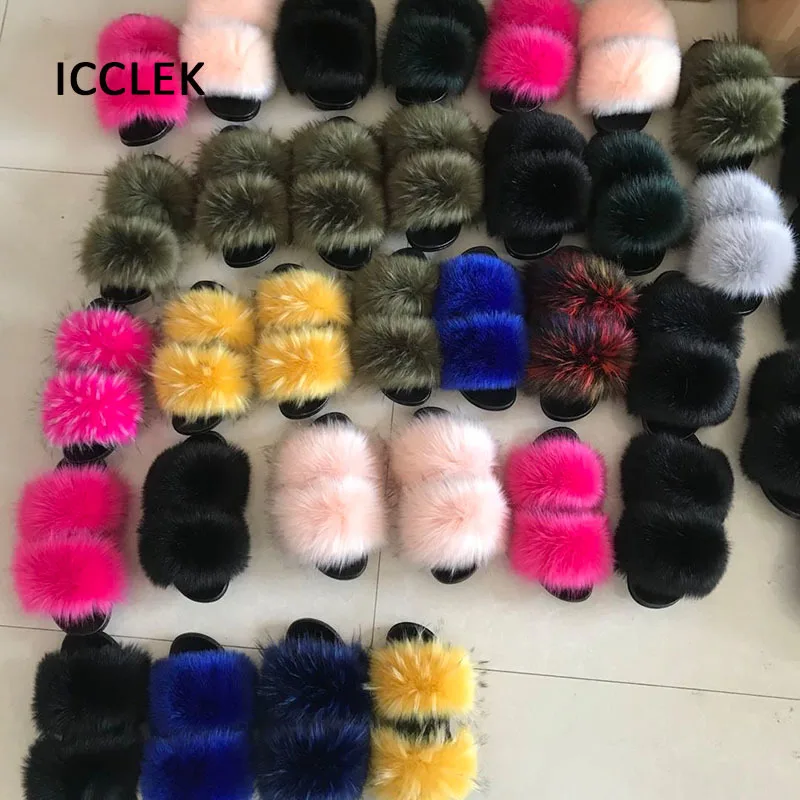 

House Fuzzy Fur Slippers Women Faux Fur Slides Indoor Flip Flops Woman Flat Heels Summer Sandals Fluffy Furry Plush Cute Shoes
