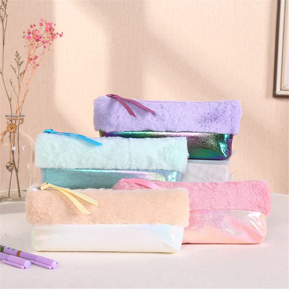 

Portable Simple Pencil Case Stitching Plush Pencil Bag Student Stationery Pencil Case Pen Bag Storage Bags School Supplies