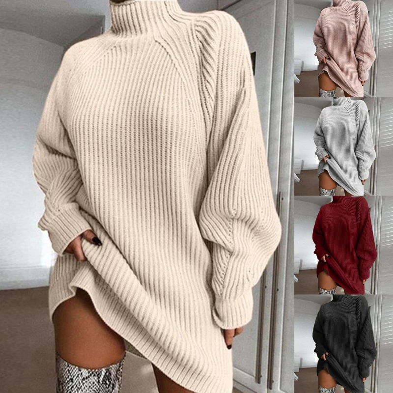 

2021 Autumn and Winter New Product Knitwear Dress Mid-length Raglan Sleeve Half Turtleneck Sweater Dress