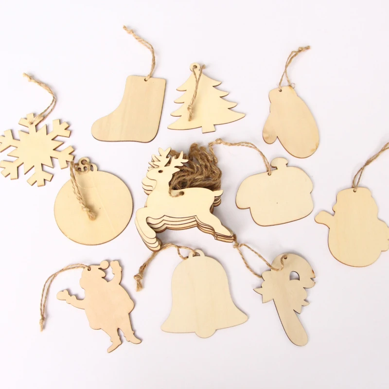10 шт. висячие украшения из натурального дерева в форме снеговика и снежинки для