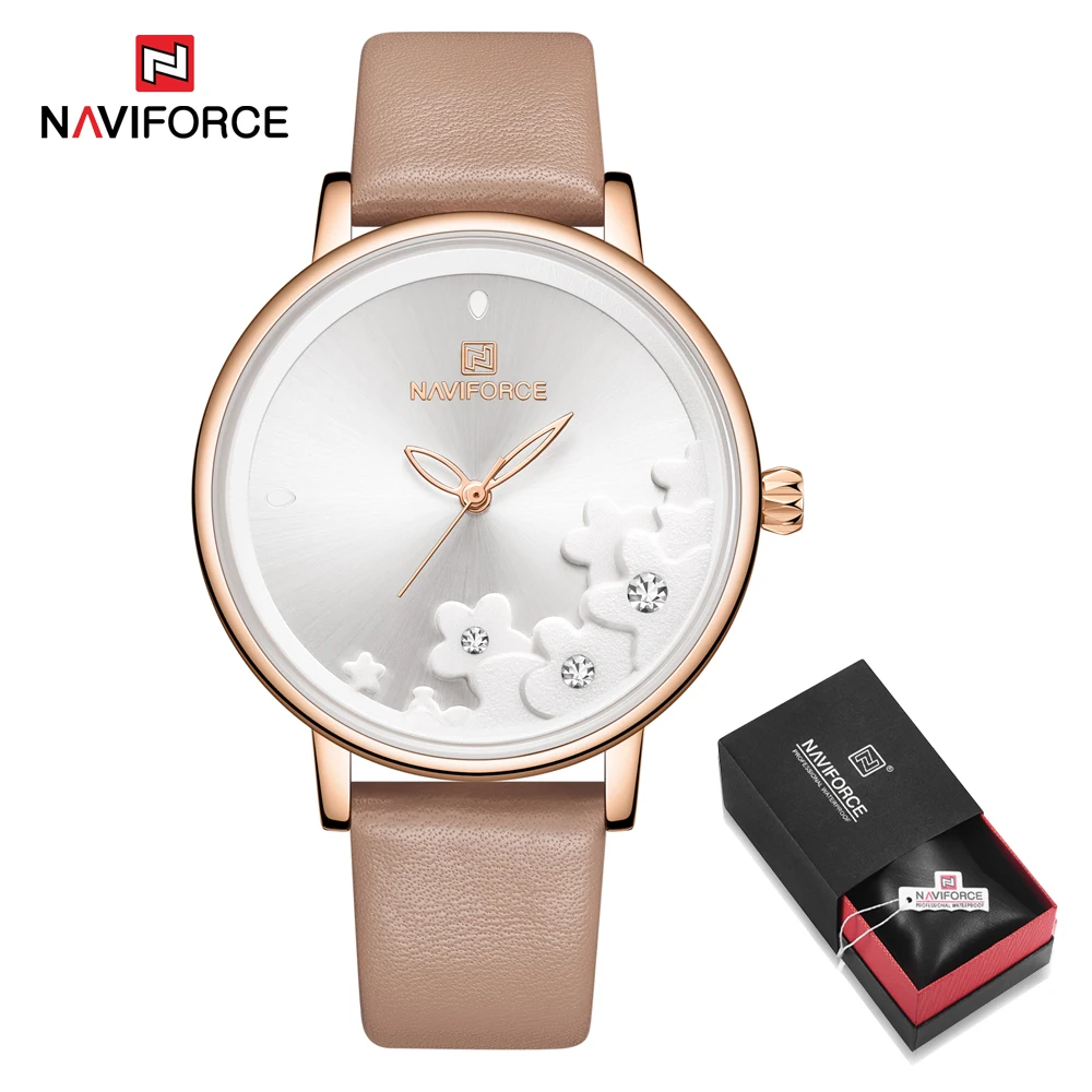White in Box NAVIFORCE, новинка, часы с красным кожаным ремешком, женские часы, женские Кварцевые водонепроницаемые наручные часы, женские часы - Цвет: White in Box