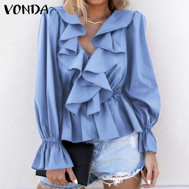 

Демисезонные рубашки 2021 VONDA, женская блузка с длинным рукавом и V-образным вырезом и оборками, офисные женские рубашки, сексуальные топы для ...