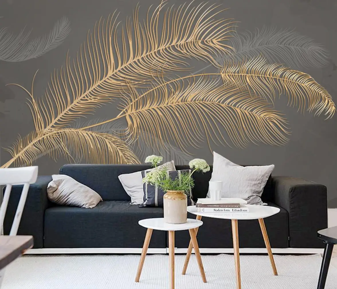 custom Feather golden embossed lines Mural Wallpapers for living room TV background papel de parede 3D wall paper roll Stickers