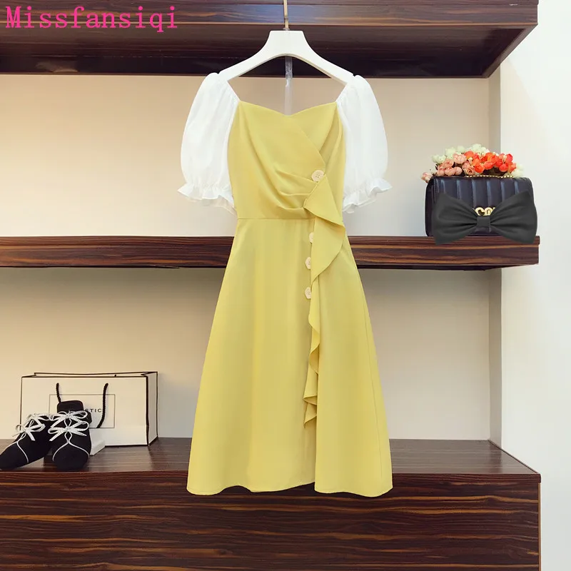 

Missfansiqi 2021Summer Women Casual Dress Slash Neck Patchwork Button Ruffles 2 Color Fashion A Line Vintage Elegant OL Dresss
