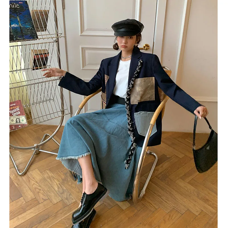 

2021 INS Trend Women Blazers Fashion Girls Streetwear Korean Style Suit Coat Patched Denim Plaid Black Mujer Blazers