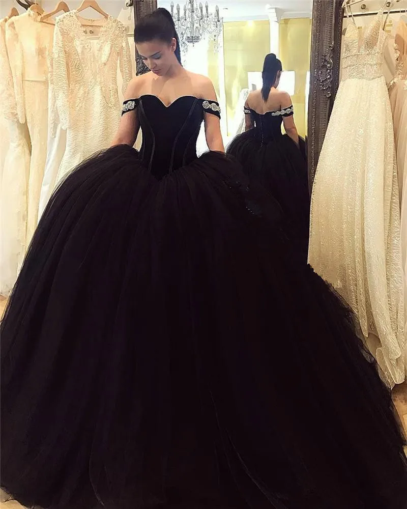 2021 Vintage Gothic Wedding dress black Velvet Top Sweetheart Beading Lace Up Long Black Ball Gown Tulle Bridal Bride Dresses | Свадьбы и