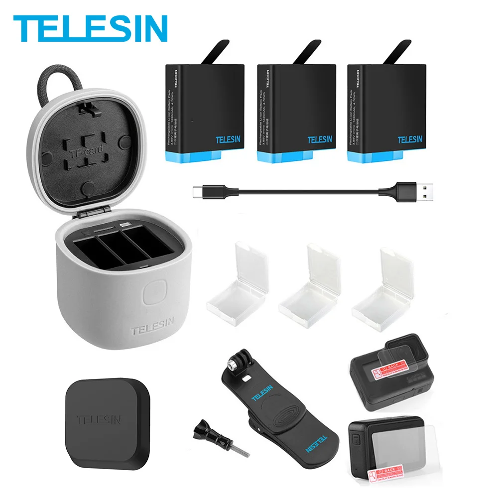 Зарядное устройство TELESIN для Gopro Hero 8 7 6 5 зарядное с 3 слотами аккумулятора и