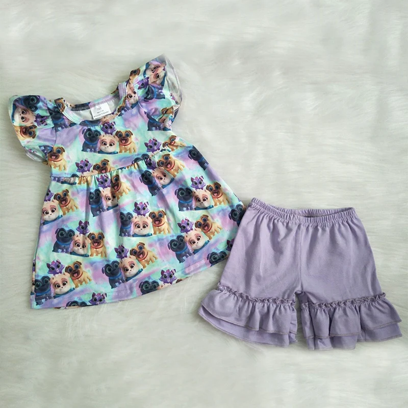 

Baby summer outfit 2 pieces ruffle baby clothing set clothes dog pattern Short Pants toddler baby kid