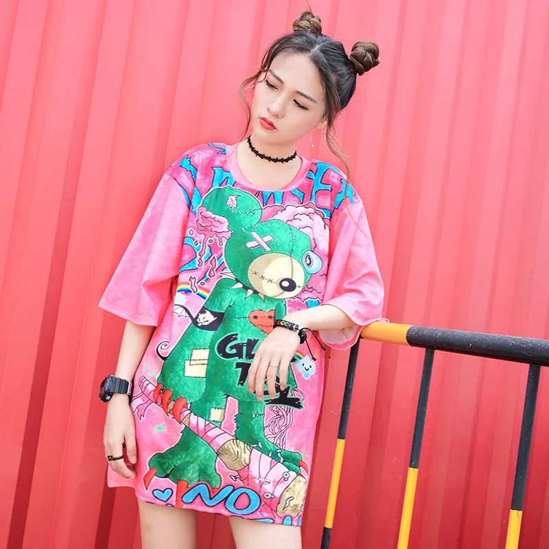 

2021 T-Shirt Summer New Product European and American Fashion Brand Bear Print Large Size Loose Mid-Length Style