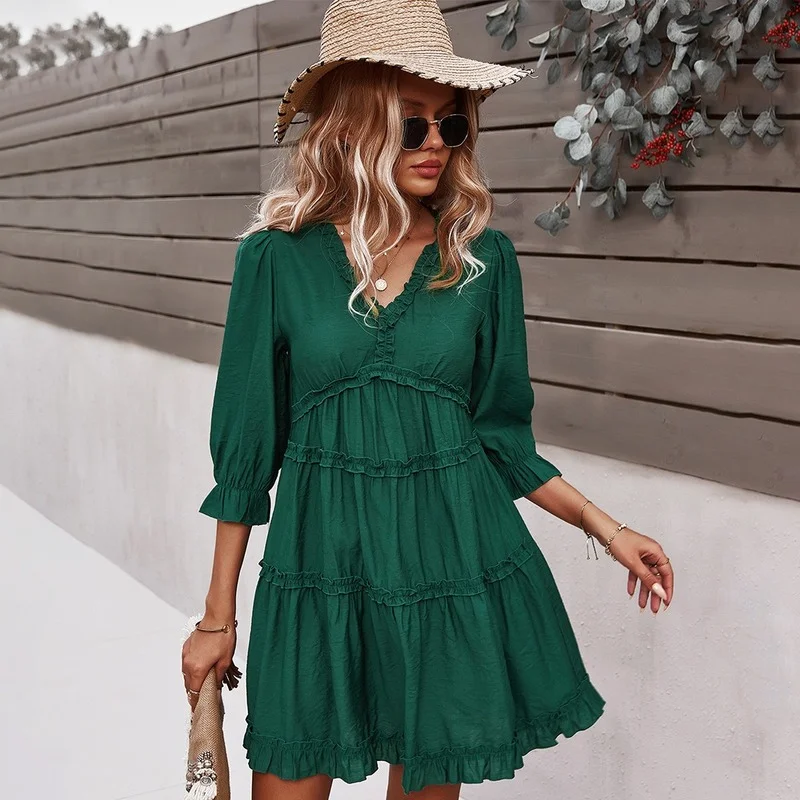 

Summer Boho Dress Women Casual Dress Chiffon Chic Dress Elegant V Neck Beach Party Mini Dresses Women's Clothing 2021 Robe Femme