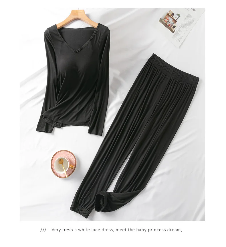 Modal Pajamas Women's Summer Housewear Set with Bra Cushion Casual Solid Color Nightwear Long Sleeve Trousers Sleepwear Lingerie