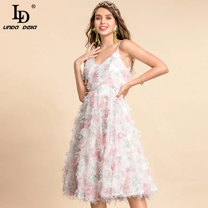 

LD LINDA DELLA Fashion Designer Summer Mesh Midi Dresses Women's Spaghetti Strap Printed Sexy Holiday Beach Party Dress
