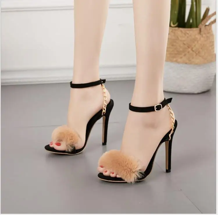 

Classic Sweet Fashion Sandals Women Shoes Villi Chain Thin High Heels Round Toed Wedding Dress Ankle Buckle Strap Black Shoes