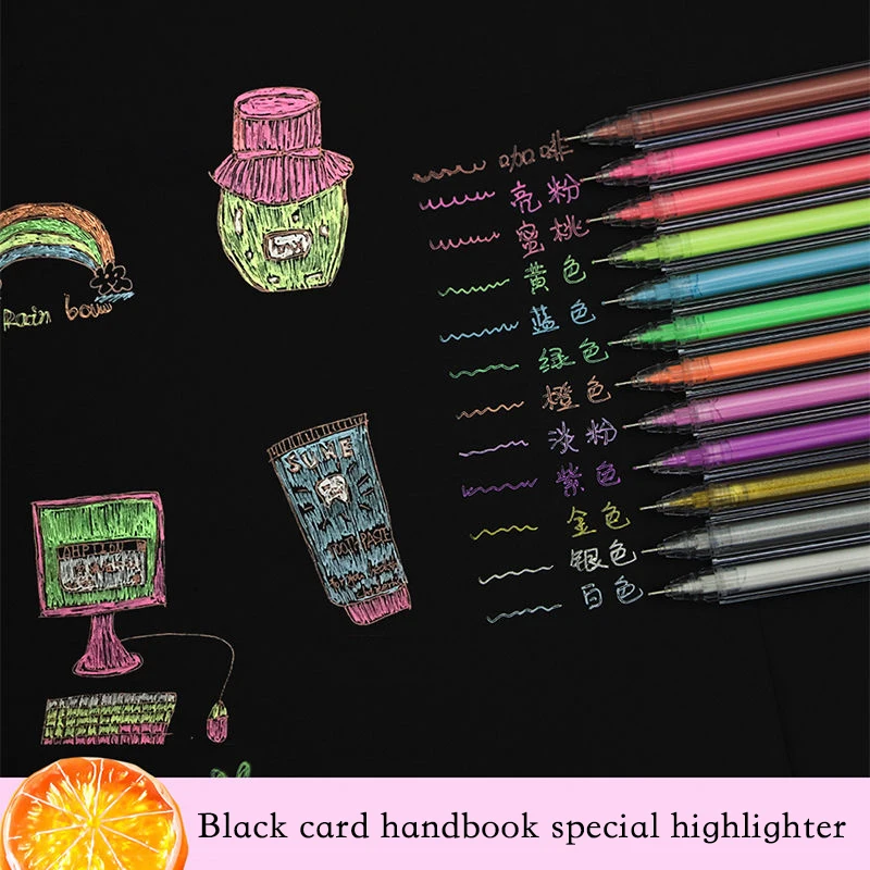 12Pcs Gel Highlighter Pen Highlighters Base for Markers Black Light Books Journals Drawing Manga Diy Doodling Gift Art | Канцтовары для