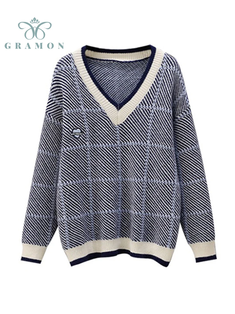 

Knitted Sweater Woman Spring Autumn Korean Fashion Long Sleeve V-collar Pullover Plus Size Plaid Tops Embroidery Lady Sueters