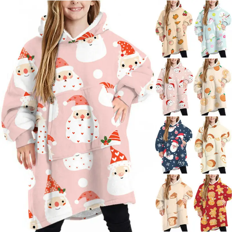 

Kids Cartoon Printed Sweater Boys Girls Winter Mink Fleece Hooded Warm Top Big Pocket Casual Comfortable Loose Fashion