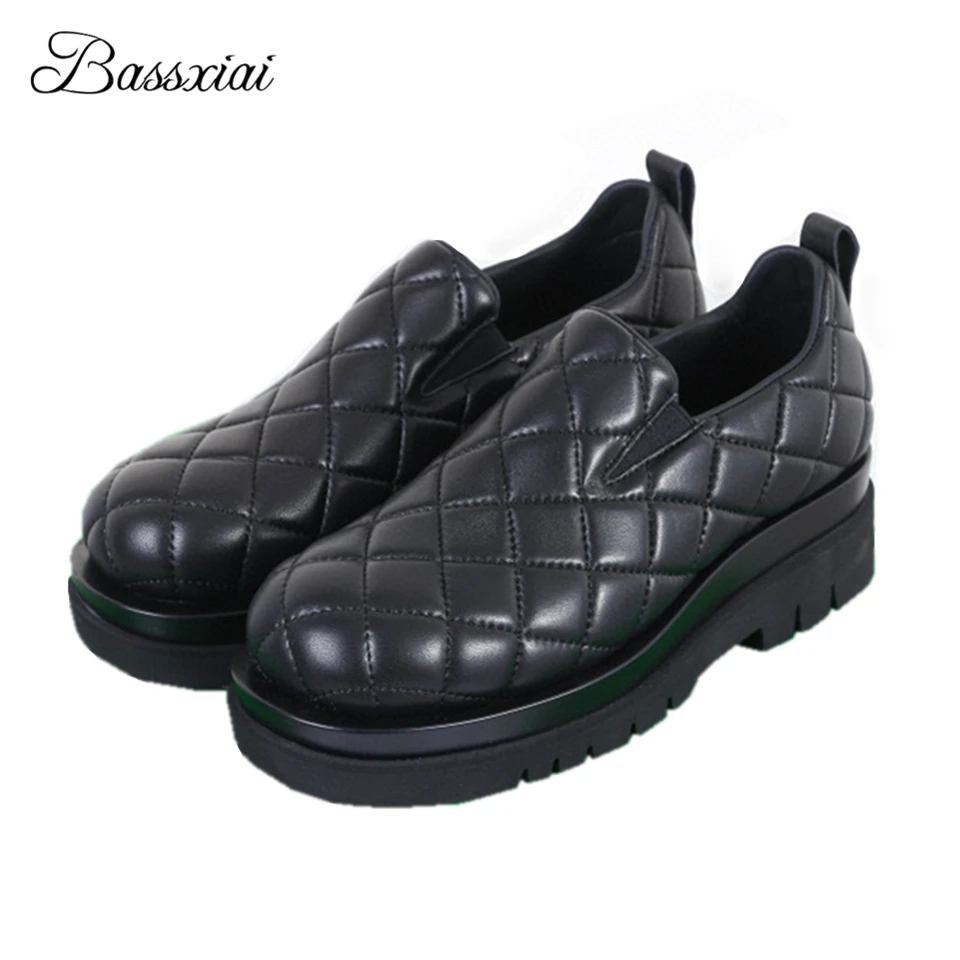 

Sewing Soft Real Leather Round Toe Casual Shoes Woman Thick Heel Platform Slip-on Autumn Winter Loafers For Girls