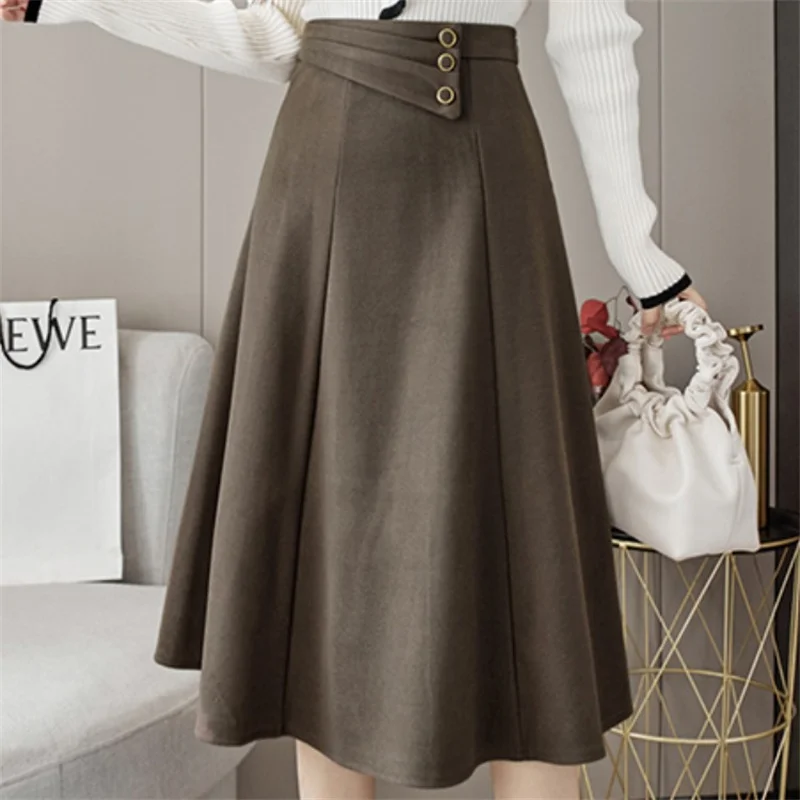 

Зимняя новая шерстяная юбка 2021, облегающая плиссированная юбка-трапеция средней длины, модная юбка большого размера с высокой талией RYXBSQ433