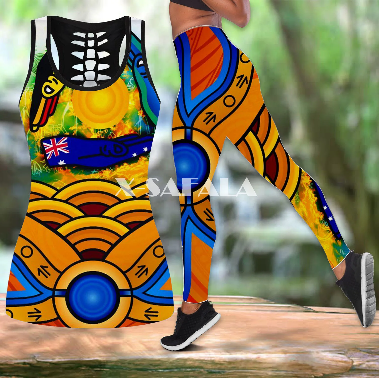 

Australia Aboriginal Naidoc Week Two Piece Yoga Set Women 3D Print Vest Hollow Out Tank Top High Waist Legging Summer Sport