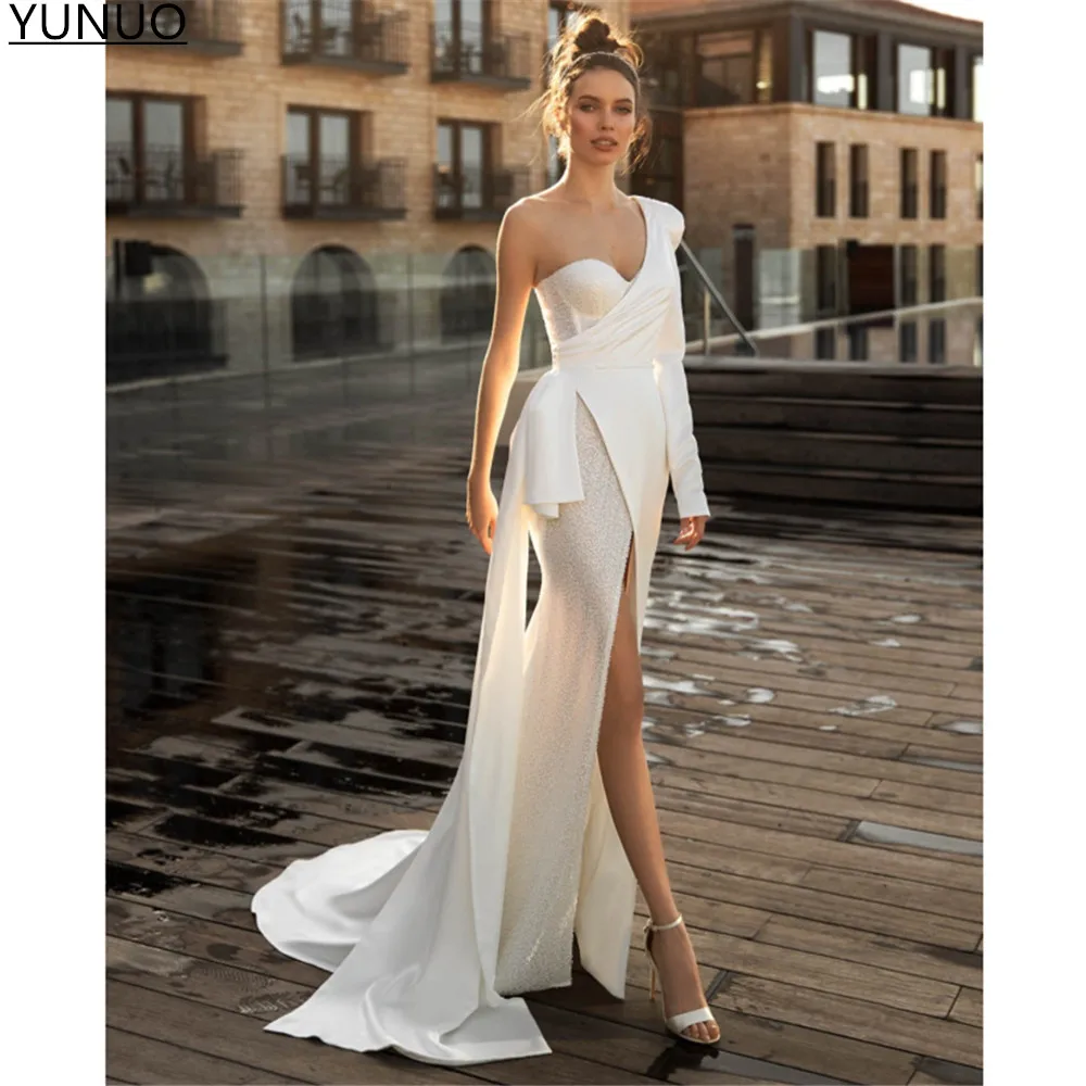 

Женское атласное платье с блестками YUNUO, Элегантное свадебное платье с длинным рукавом и одним открытым плечом